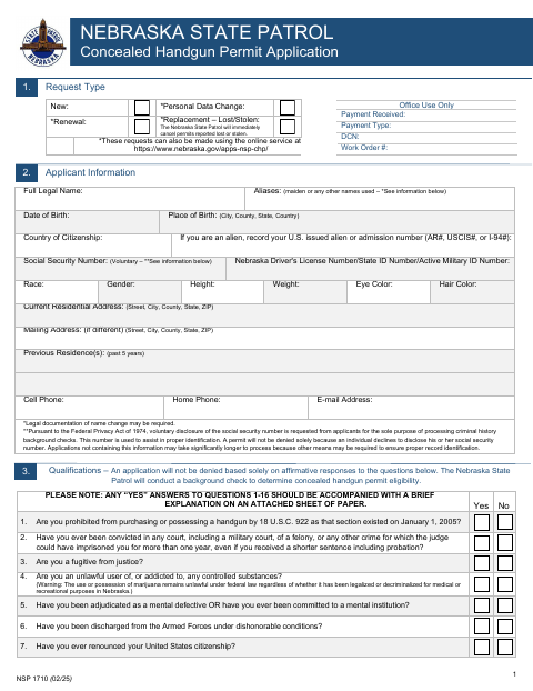 Concealed Handgun Permit Application, Otoe County form, first page
