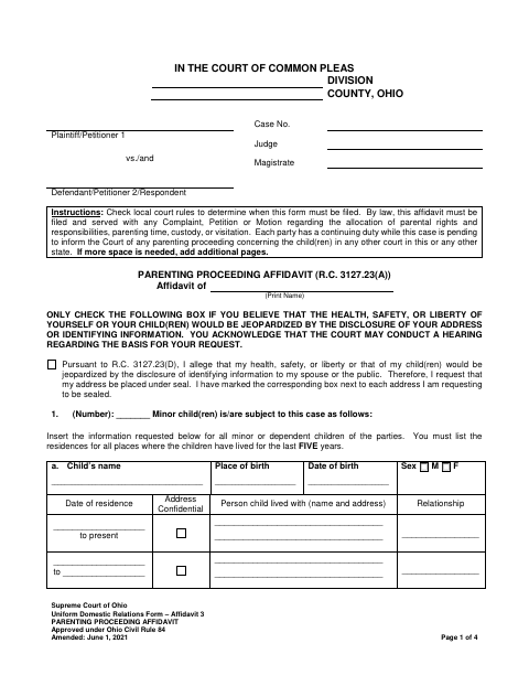 Parenting Proceeding Affidavit, Miami County form, first page