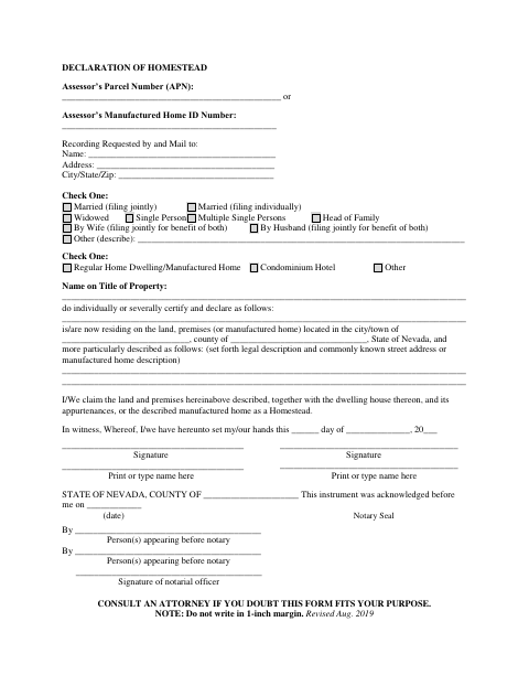 Declaration of Homestead, Nye County form, first page