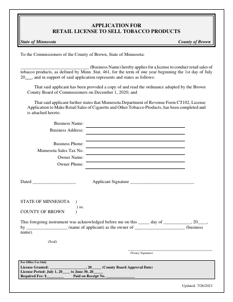 Application for Retail License to Sell Tobacco Products, Brown County form, first page