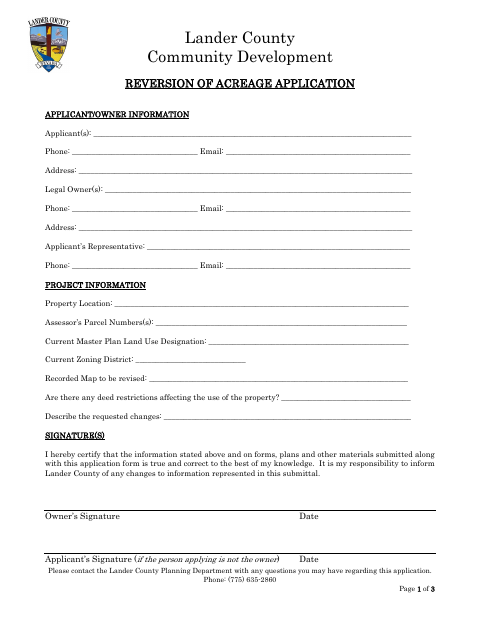 Reversion of Acreage Application, Lander County form, first page