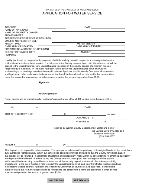 Water Service Deposit Form, Warren County form, first page