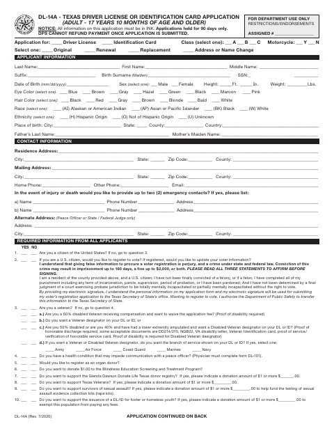 Driver License or Identification Card Application (Adult), Karnes County form, first page