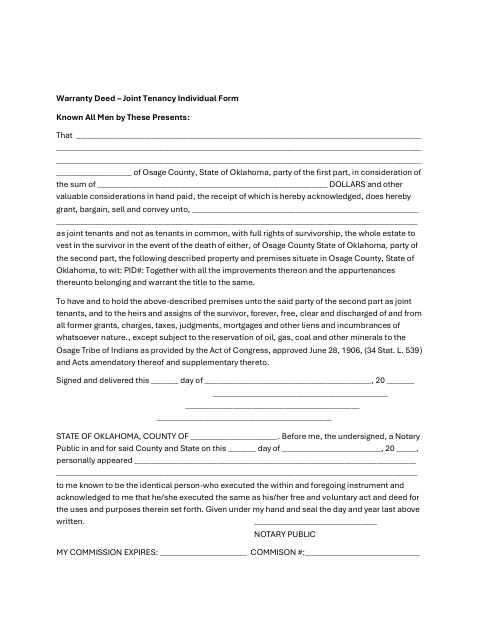 Warranty Deed – Joint Tenancy Individual Form, Osage County form, first page