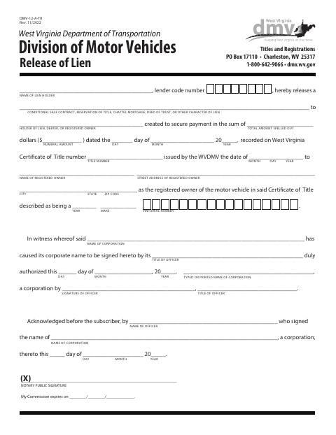 DMV-12-A-TR Release of Lien first page