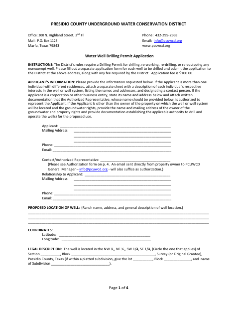 Water Well Drilling Permit Application, Presidio County form, first page