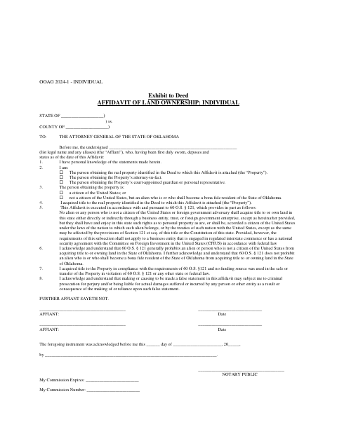 Affidavit of Land Ownership: Individual, Kay County form, first page