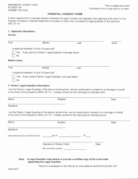 Parental Consent Form, Kingsbury County form, first page