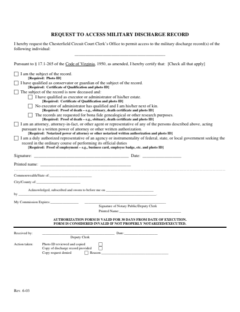 Request to Access Military Discharge Record, Chesterfield County form, first page