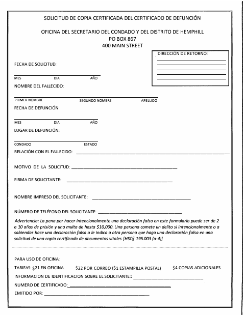 Solicitud de Copia Certificada del Certificado de Defunción, Hemphill County form, first page