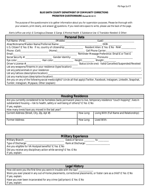 First page of the PSI Questionnaire
