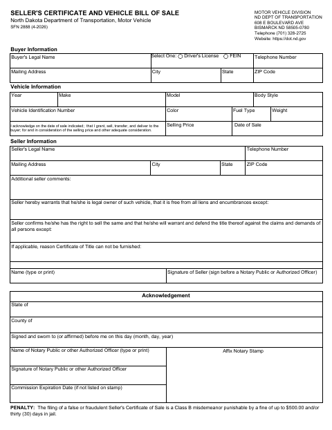 SFN 2888 Seller's Certificate and Vehicle Bill of Sale first page