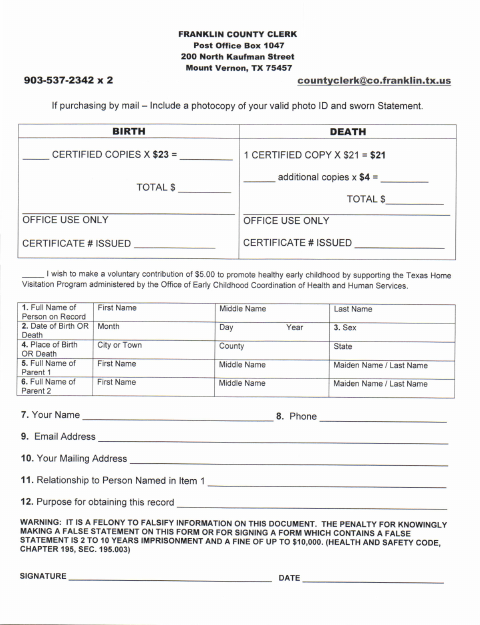 Application for Birth or Death Certificate by Mail, Franklin County form, first page