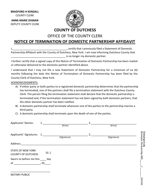 Notice of Termination of Domestic Partnership Affidavit, Dutchess County form, first page