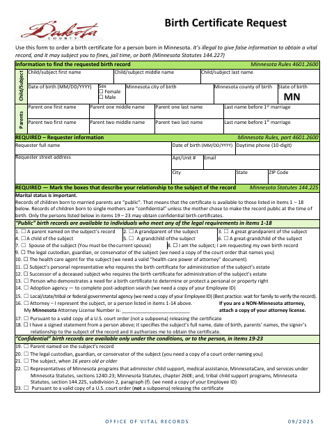 Birth Certificate Request, Dakota County form, first page
