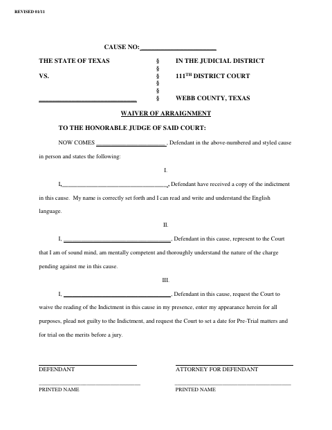 Waiver of Arraignment, Webb County form, first page