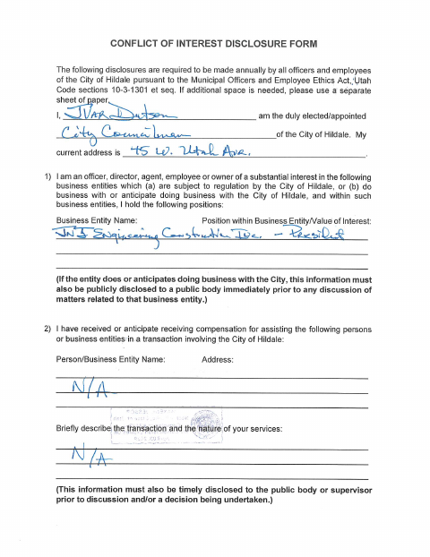 First page of the Conflict of Interest Disclosure Form