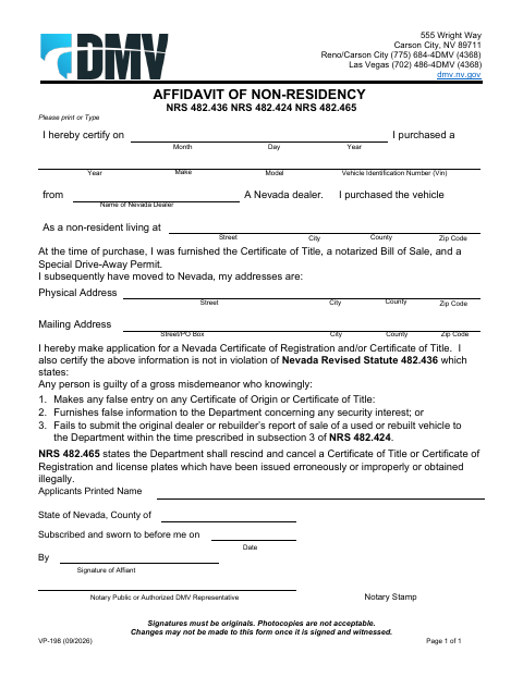 VP-198 Affidavit of Non-Residency first page