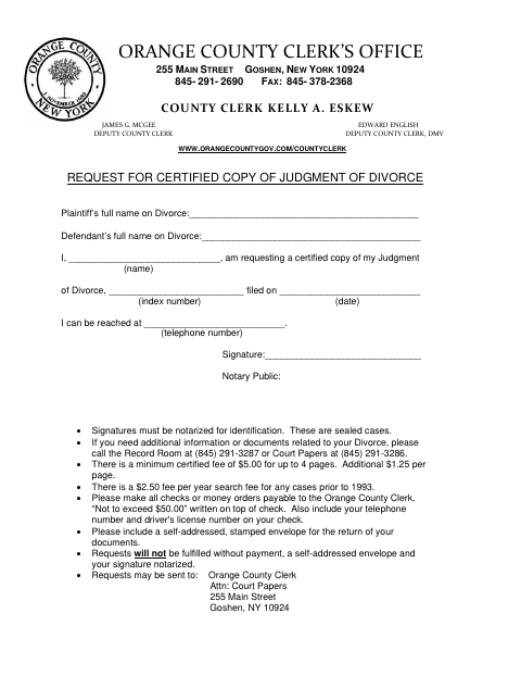 Request for Certified Copy of Judgment of Divorce, Orange County form, first page