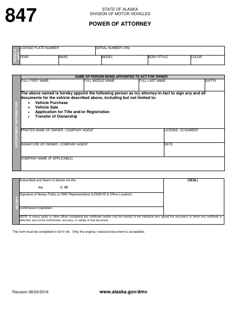 Form 847 Limited Vehicle Power of Attorney first page