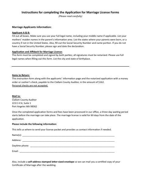 Application and Affidavit for Marriage License, Clallam County form, first page