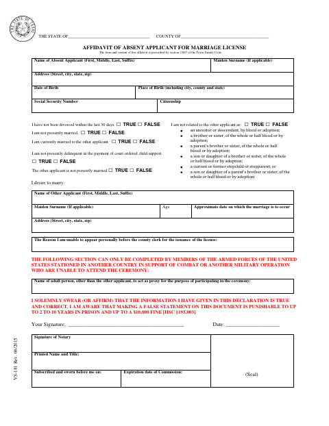 Affidavit of Absent Applicant for Marriage License, Bexar County form, first page