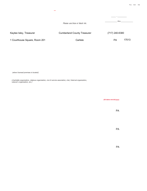 Eligible Organization Games of Chance Application, Cumberland County form, first page