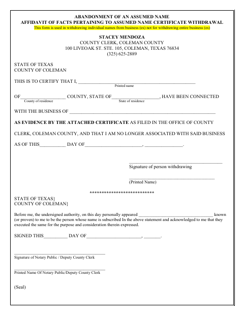 Abandonment of an Assumed Name, Coleman County form, first page