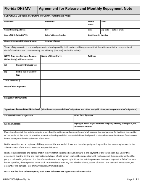 HSMV-74036 Agreement for Release and Monthly Repayment Note first page