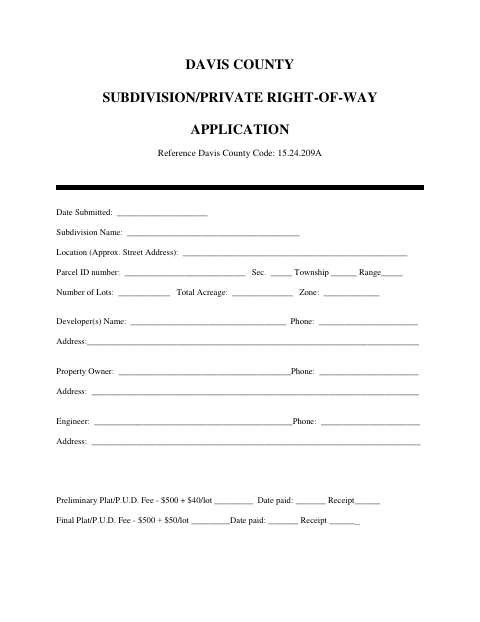 Subdivision/Private Right-of-Way Application, Davis County form, first page