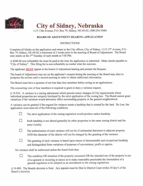 First page of the Board of Adjustment Hearing Application
