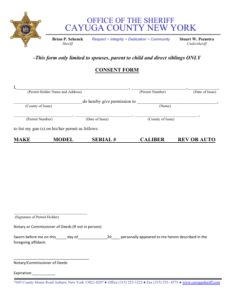 Firearm Permit Consent Form, Cayuga County form, first page