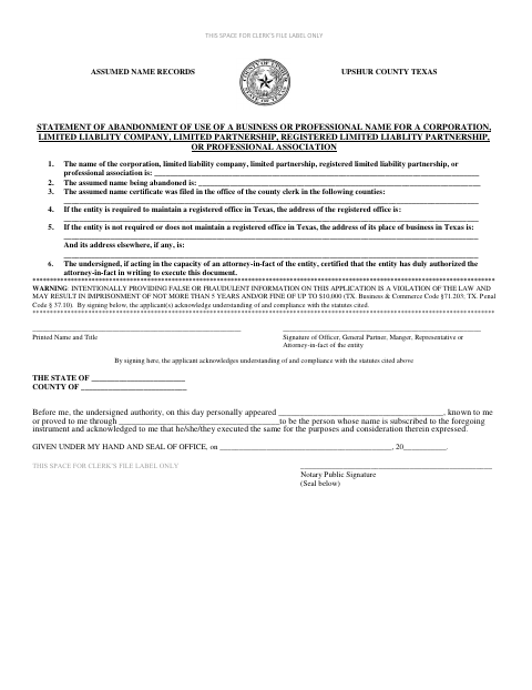 Statement of Abandonment of Use of a Business or Professional Name for a Corporation, Upshur County form, first page