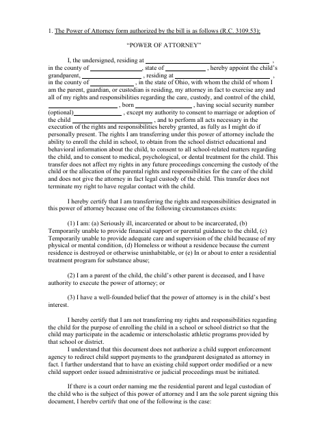 Power of Attorney, Defiance County form, first page