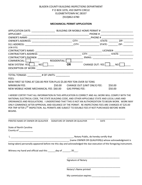Mechanical Permit Application, Bladen County form, first page