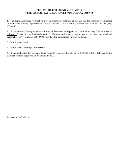Veteran’s Burial Allowance Application, Oceana County form, first page
