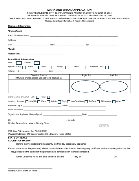 Mark and Brand Application, Mason County form, first page