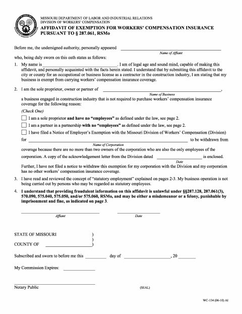 First page of the Affidavit of Exemption for Workers’ Compensation Insurance