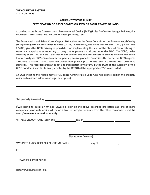Affidavit to the Public Certification of OSSF Located on Two or More Tracts of Land, Bastrop County form, first page