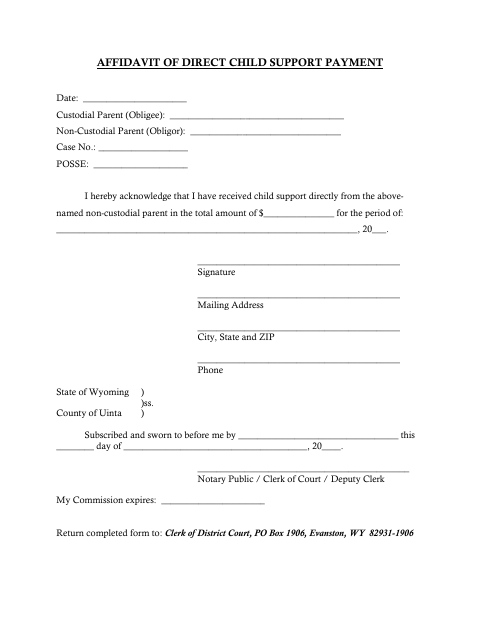 Affidavit of Direct Child Support Payment, Uinta County form, first page