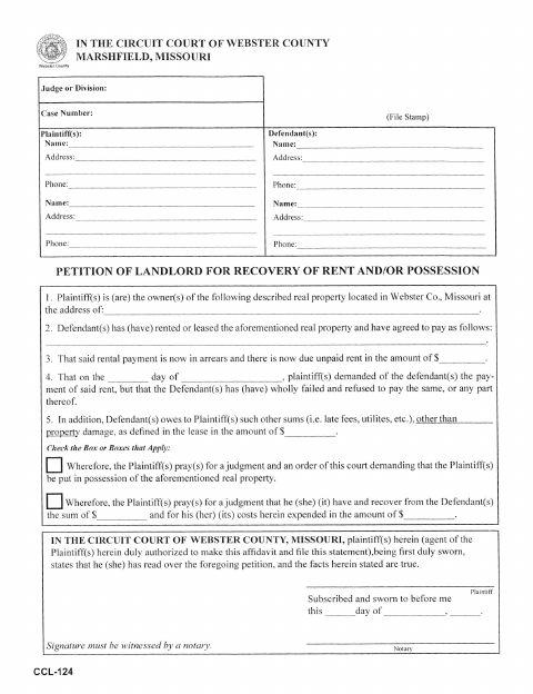 Petition of Landlord for Recovery of Rent and/or Possession, Webster County form, first page