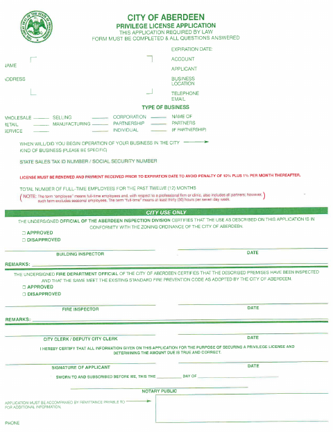 First page of the Privilege License Application