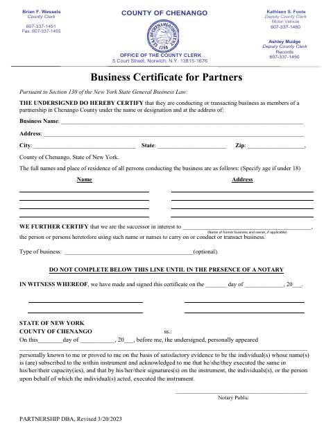 Business Certificate for Partners, Chenango County form, first page