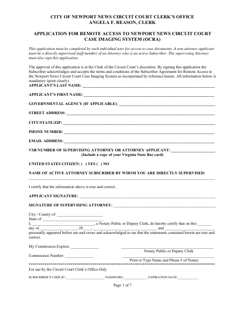 Application for Remote Access to Circuit Court Case Imaging System, City of Newport News form, first page