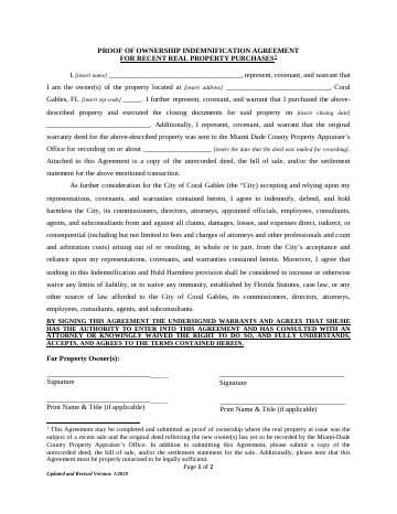 First page of the Proof of Ownership Indemnification Agreement