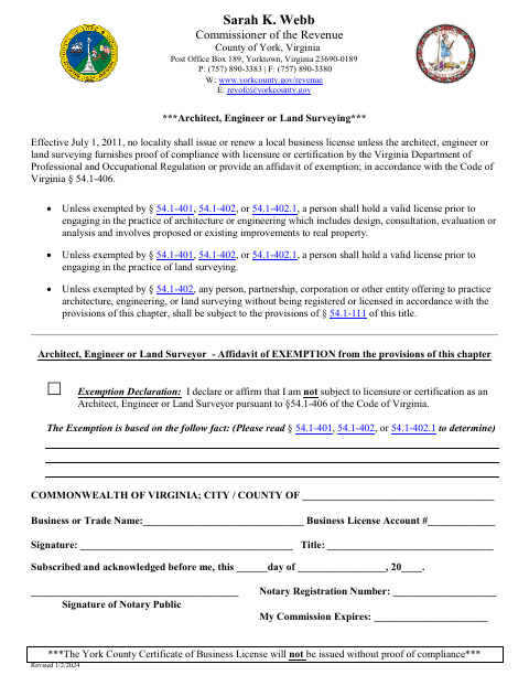 Architect, Engineer or Land Surveyor State License Waiver Affidavit, York County form, first page