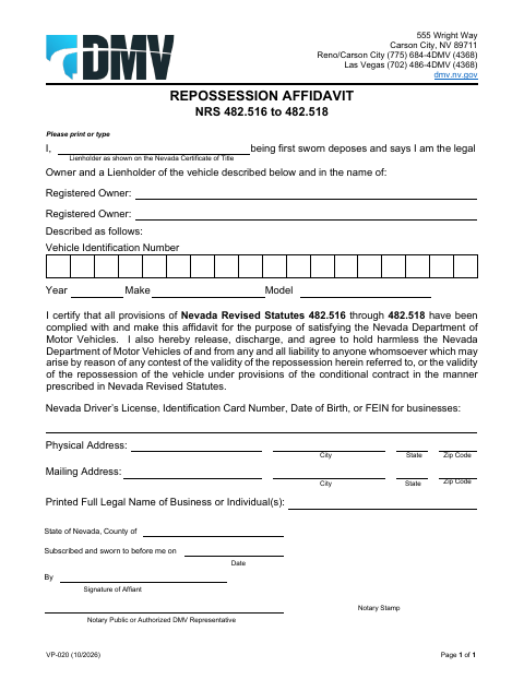 VP-020 Repossession Affidavit first page