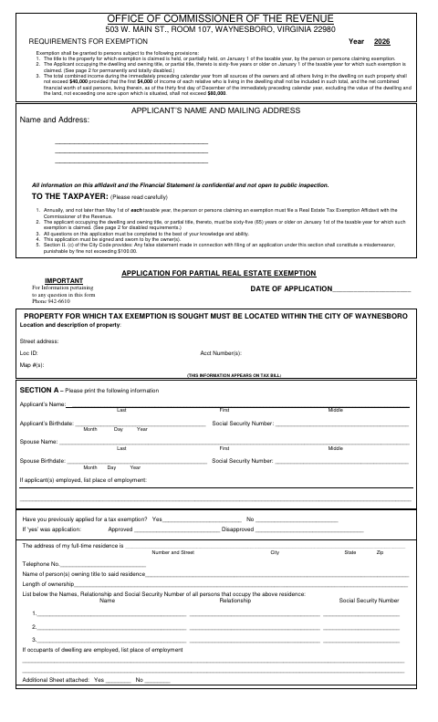 Tax Relief Application, City of Waynesboro form, first page