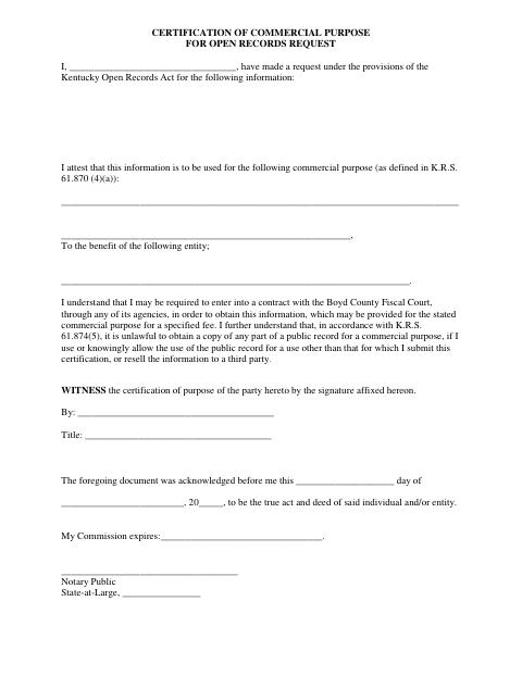 Certification of Commercial Purpose for Open Records Request, Boyd County form, first page