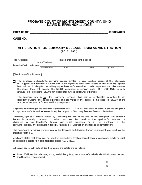 Application for Summary Release from Administration, Montgomery County form, first page